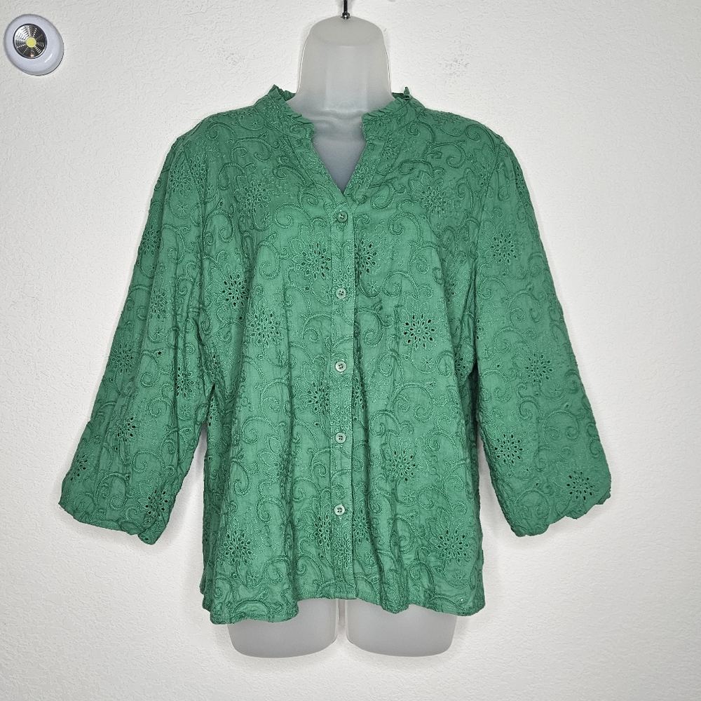 Soft Surroundings 100% Cotton Boho Embroidered Green Eyelet Puff Sleeve Blouse
